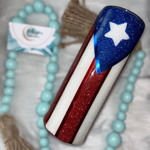 Puerto Rican Flag Glitter Tumbler: Coquí Frog & Hibiscus - Boricua Pride