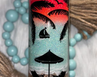 Beach Sunset Glitter Tumbler – Summer Cup | Ocean Palm Tree Drinkware | Coastal Vacation Vibes