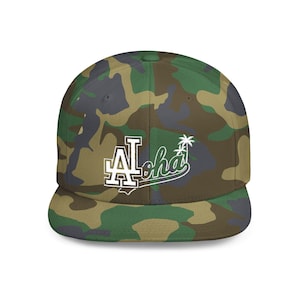 Aloha Flat Bill Snapback Cap with Aloha White Print, Los Angeles Baseball Cap, Beach Hat, Tropical Snapback, Summer Headwear