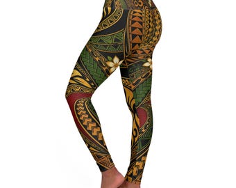 Pacific Island Tribal Pattern High Waisted Yoga Leggings | Polynesian Motif