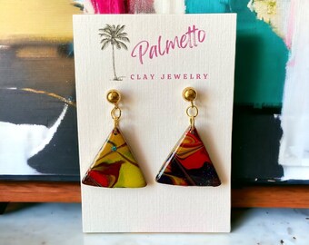 Fluid Art polymer clay earrings, mixed paint, triangle, handmade, unique gift for her