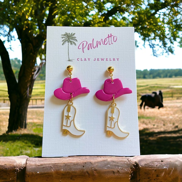 Cowgirl Clay Earrings, Handmade Western Jewelry, Cowgirl Accessories, Cowgirl Hat and Boots, Country Girl