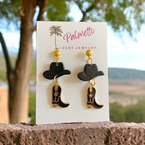 Cowgirl Clay Earrings, Handmade Western Jewelry, Cowgirl Accessories, Cowgirl hat and Boots, Country Girl