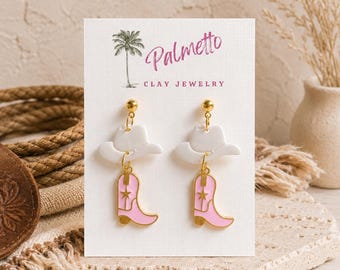 Handmade Cowgirl Earrings: Clay Hat & Pink Boot Western Jewelry