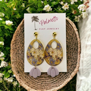 Handmade Lavender Floral Clay Dangle Earrings: Gold Plated Posts