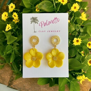 Yellow Flower Clay Earrings, Handmade Floral Dangles, Molded Statement Earrings, Gift For Her