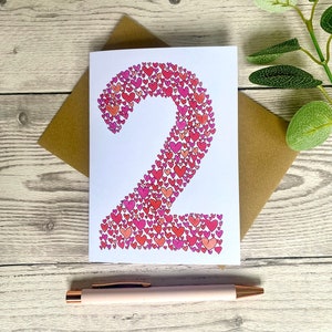 Second 2nd Anniversary Greetings Card | Watercolour | 2 Years | Hearts | Pink | Wedding Anniversary | Red | Big 2 | | Special | Unique | Two