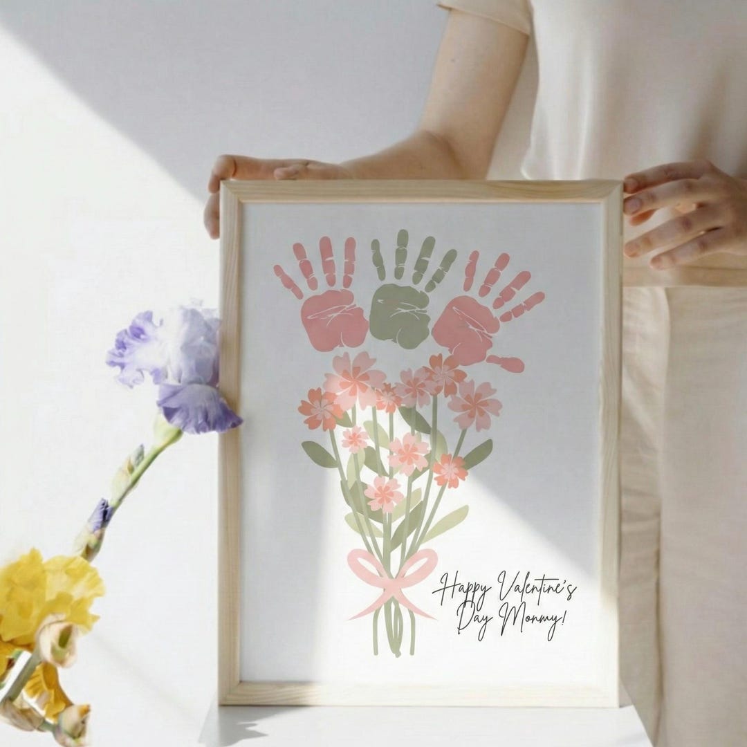 Valentine Handprint Art Craft for Kids, Flower Bouquet Printable Gift ...