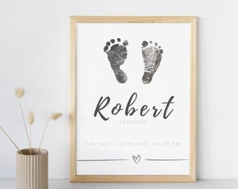 Baby Footprint Name Print, Newborn Birth Details Keepsake, Printable Memory Gift for Baby Shower & Godparents