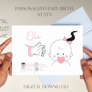 Personalized Baby Birth Stats Printable | Custom Baby Name, Birth Date, Time, Weight, Height, Hospital Bracelet Keepsake