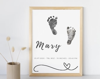 Baby Footprint Name Print, Newborn Birth Details Keepsake, Printable Memory Gift for Baby Shower & Godparents