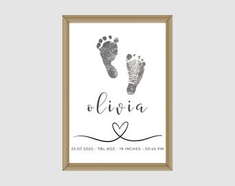 Afdrukbaar geheugen babyvoetafdruk, geboortedetails pasgeborene kunst, doe-het-zelf aandenken cadeau voor babyshower en babykamerdecoratie