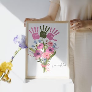 Custom Handprint Bouquet Print, Floral Handprint Keepsake, Mother’s Day Gift From Kids, Grandma Gift, Personalized Nursery Decor