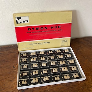 May include: A box of Dymon-Hue wear resistant hardened plastic teeth, manufactured by American Tooth Industries. The box contains 18 anterior and 16 posterior teeth, each labeled with a number and the brand name "Trubyte Bioblend".