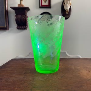 Vintage Uranium Glass Vase with Etched Vine Pattern