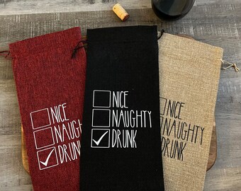 Nice Naughty Drunk Wine Bag, Wine Gift Bag, Hostess Gift, Christmas Gift, Wine Tote