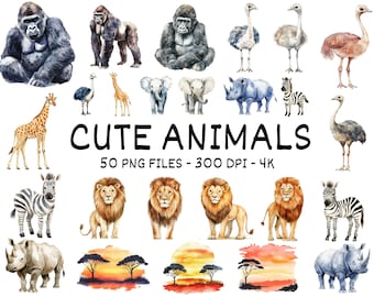 Watercolor Safari Animals Clipart Bundle, Baby Boy Cartoon Safari Clipart, Nursery Safari Animal Png, Digital Download Jungle Animals