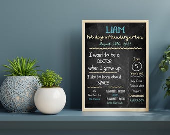 May include: A black chalkboard with white text announcing Liam's first day of kindergarten on August 28th, 2024. It includes details about his aspirations, favorite color, book, and foods.