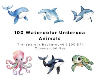 Op de afbeelding: Een set van 100 aquarel illustraties van onderwaterdieren, waaronder een walvis, een dolfijn, een haai, een octopus, een orka en een zeeschildpad. De illustraties hebben een transparante achtergrond en zijn 300 DPI.