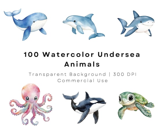 Watercolor Undersea Clipart Bundle, Cute Fish Clipart for Baby Shower, Sea Animals PNG, Nautical Clipart, Undersea Wall Art, Crab Shark PNG