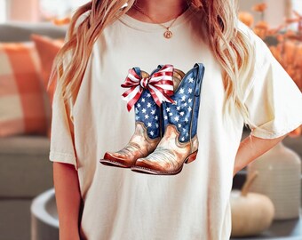 Patriotic Coquette Cowgirl Boots PNG, Vintage 4th of July Floral Boots with Bow, Grandmillenial Design, Independence Day Sublimation File