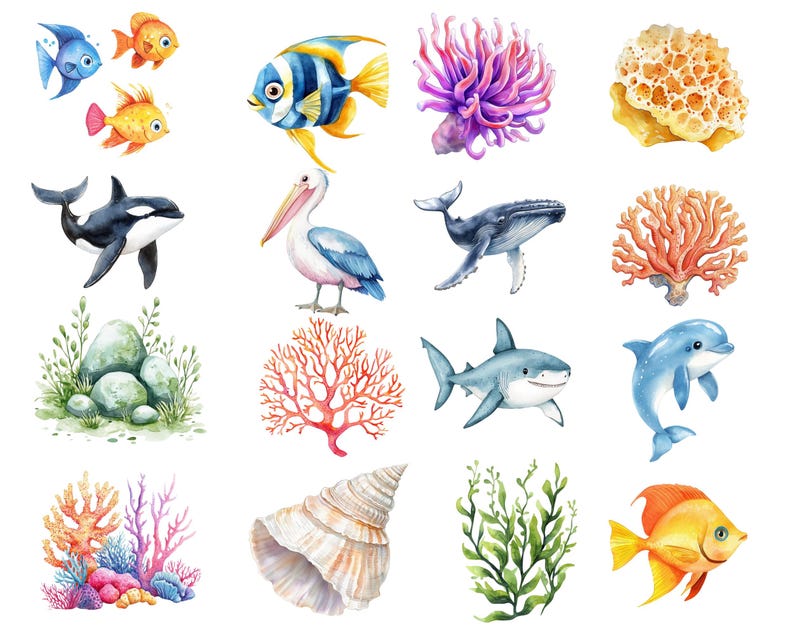 以下が含まれることがあります： 様々な海洋生物とサンゴ礁の要素を描いた水彩画。  青いクジラ、サメ、ペリカン、タツノオトシゴ、ヒトデ、貝殻、サンゴ礁、そして様々な魚が含まれています。