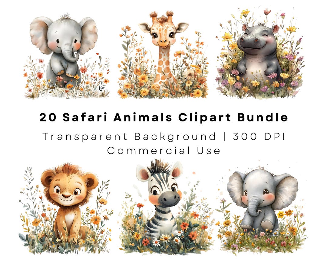 Safari Animals Clipart Bundle, Boho Flower Watercolor Baby Animal Pngs ...