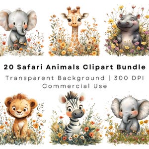 Pacote de clipart de animais de safári, Boho Flower Watercolor Baby Animal PNGs para decoração de berçário, chá de bebê png, impressão digital, design de sublimação