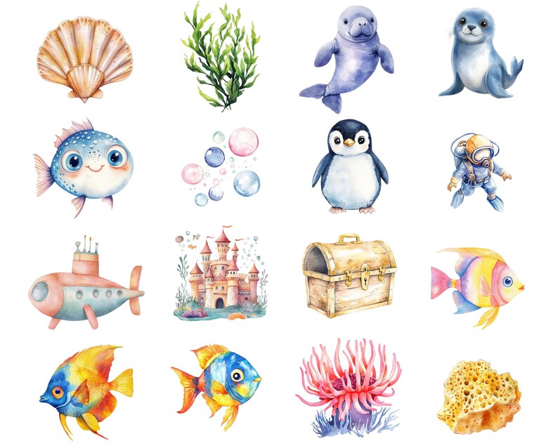 以下が含まれることがあります： 魚、ペンギン、ウミガメ、タツノオトシゴ、ヒトデ、カニ、クラゲ、イルカ、クジラ、サメ、アシカなど、さまざまな海の生き物の水彩画。イラストはすべて漫画風で、白い背景に描かれています。