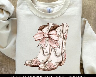 Rosa Blumen-Cowgirl-Stiefel PNG, Kokette Chinoiserie Blumenstiefel mit Schleife Grandmillenial Design, Küsten Clip Art, T-Shirt Sublimationsdatei