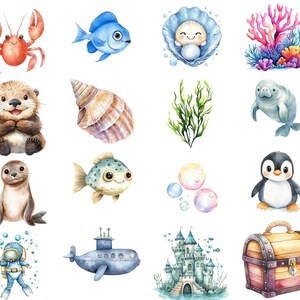 以下が含まれることがあります： カニ、魚、ラッコ、アザラシ、ペンギン、マナティー、貝殻など、さまざまな海の生き物の水彩画。サンゴ、海藻、泡、潜水艦、宝箱、城のイラストもあります。
