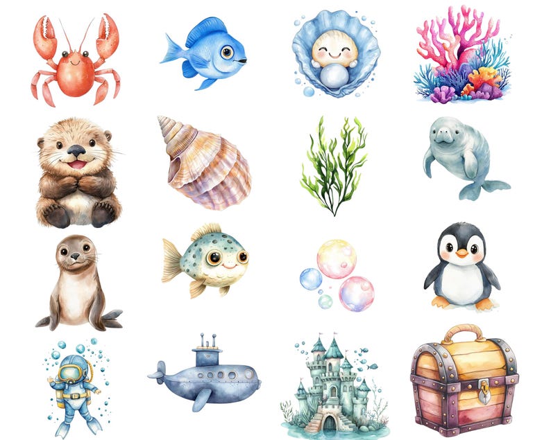 以下が含まれることがあります： カニ、魚、ラッコ、アザラシ、ペンギン、マナティー、貝殻など、さまざまな海の生き物の水彩画。サンゴ、海藻、泡、潜水艦、宝箱、城のイラストもあります。