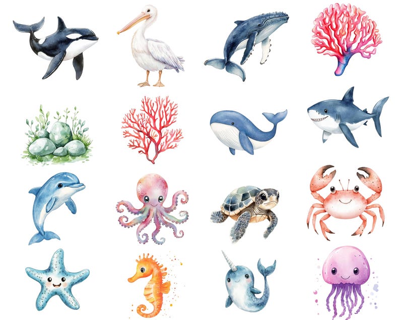 以下が含まれることがあります： 様々な海の生き物を描いた水彩画。クジラ、イルカ、タコ、タツノオトシゴ、クラゲ、カニ、カメ、ヒトデなど。サンゴや海藻も描かれている。
