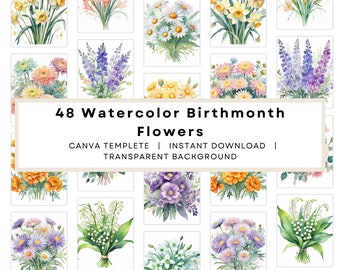 48 水彩誕生月花クリップアート バンドル、誕生花クリップアート PNG、誕生花印刷可能、花束グラフィック、植物クリップアート
