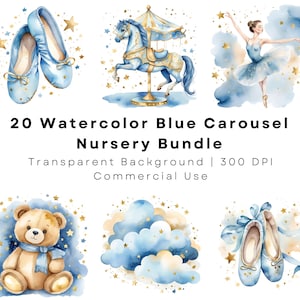 Aquarelle bleu carrousel des cliparts, lunatique ballerine carrousel graphique magique, vintage carrousel poney, chambre d'enfant PNG, clipart baby shower