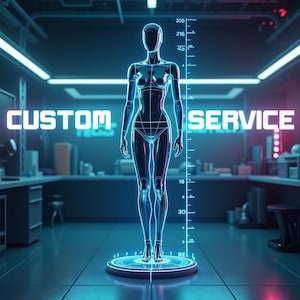 May include: A glowing blue digital human model standing on a platform with the words "CUSTOM SERVICE" in neon pink letters behind it.