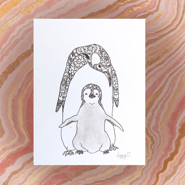 Dad And Baby Penguin - Hand Designed Stationary Cards