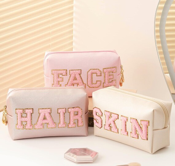 3 Piece Makeup Bag for Women; Travel Toiletry Bag; Chenille Letter  