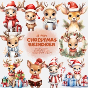 Pacchetto di clipart PNG con renne di Natale carine - 28 adorabili animali natalizi kawaii ad acquerello, clipart di cerbiatto accogliente - download digitale stampabile