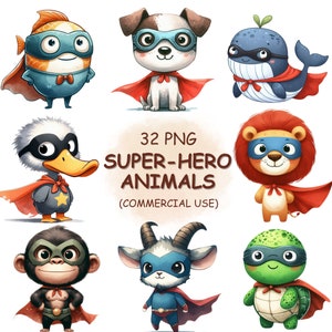 32 süße Superhelden Baby Tiere Clipart PNG Bundle - Aquarell entzückende Safari Tiere Clip Art - Druckbare Kindergarten Dekor Digitaler Download