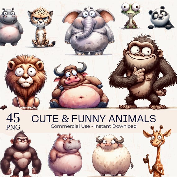 45 Funny Animals Clipart: Watercolor Quirky Safari PNG Images Bundle (Digital Download)