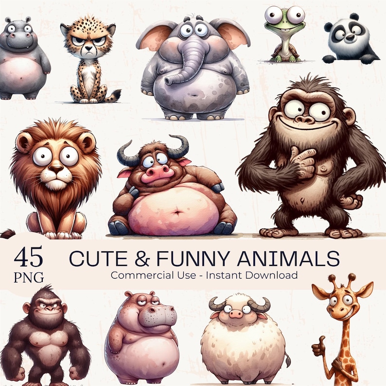 May include: A collection of 45 cute and funny cartoon animal illustrations, including a hippo, cheetah, elephant, frog, panda, lion, and gorilla. The image includes the text "45 Cute & Funny Animals PNG Commercial Use - Instant Download."
