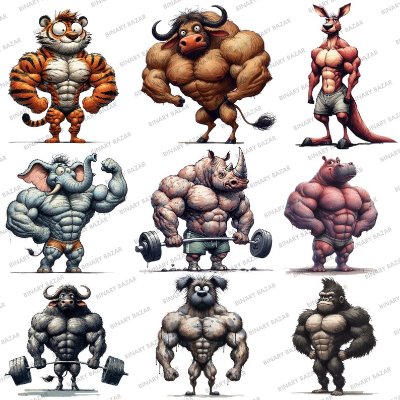 Muscular Gym Animals Clipart: Watercolor Safari PNG Bundle (digital ...