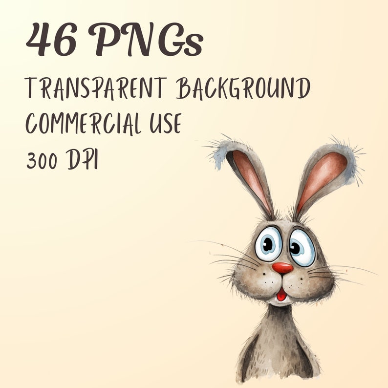 May include: A digital illustration of a cartoon rabbit with big eyes and a surprised expression. The rabbit is gray with brown ears and a pink nose. The image is set against a light beige background. The text "46 PNGs", "Transparent Background", "Commercial Use", and "300 DPI" is displayed above the rabbit.