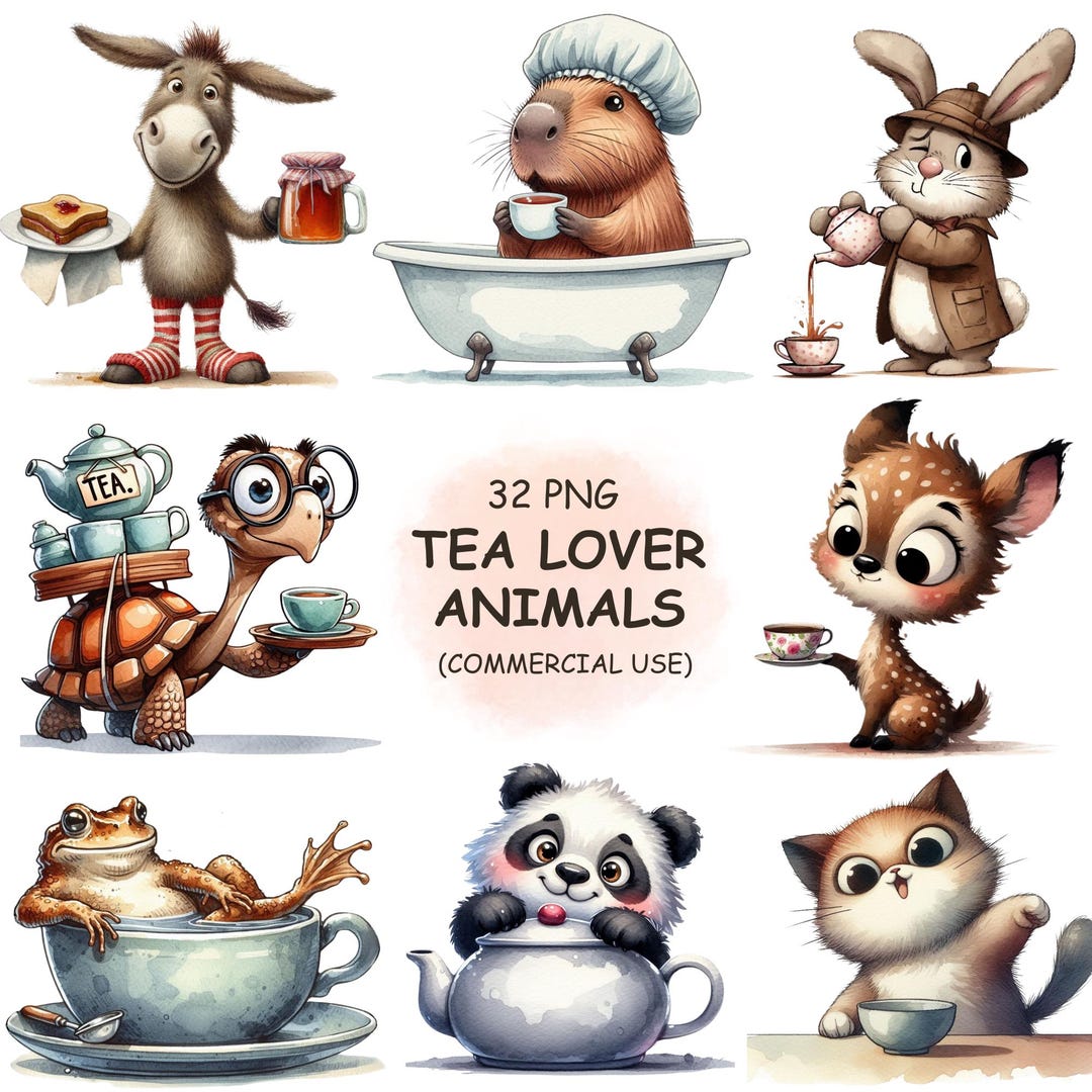 Cute & Funny Tea Party Animals Clipart PNG Bundle – Quirky Watercolor ...