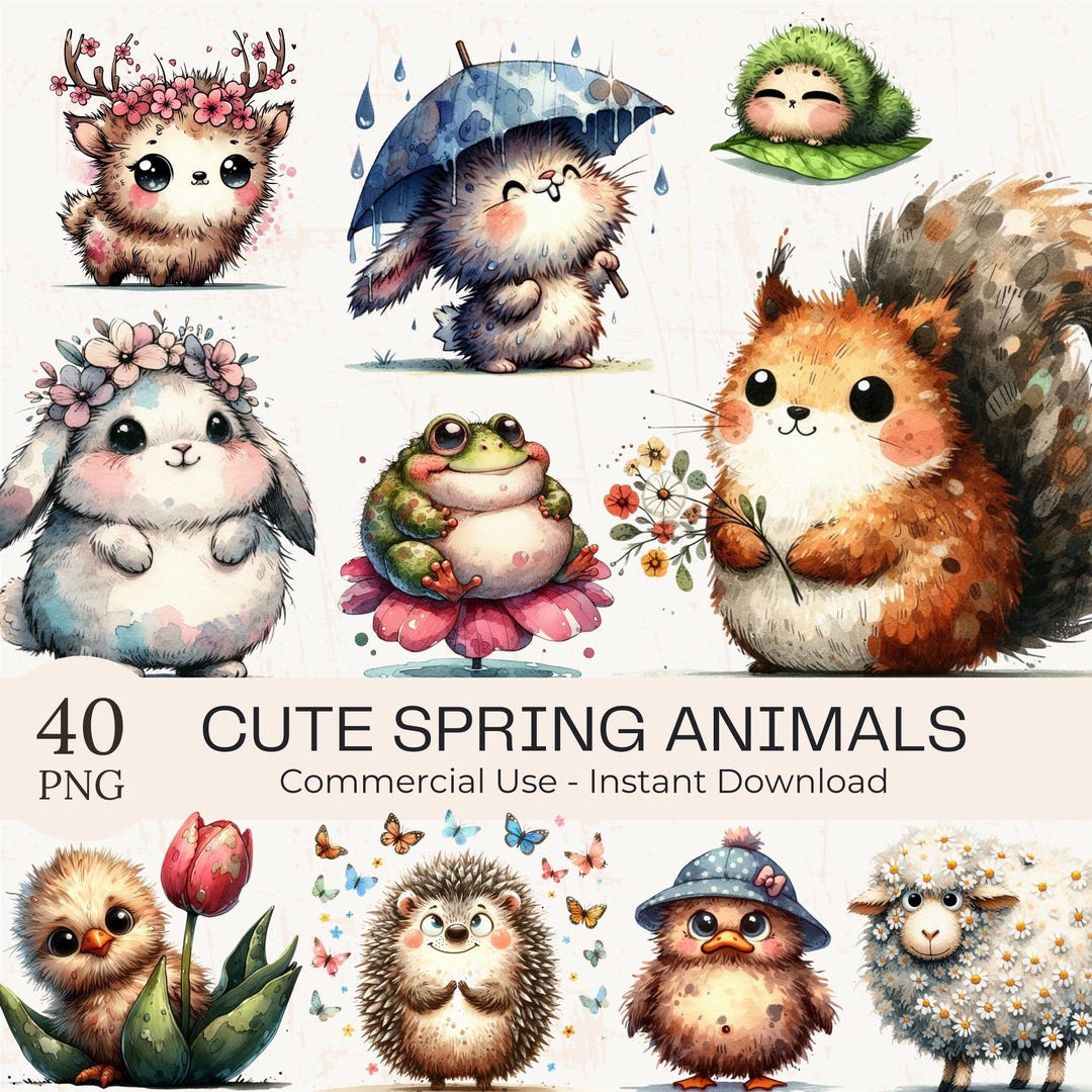 40 Spring Animals Clipart PNG Bundle - Watercolor Woodland Springtime ...