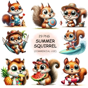 Bundle de cliparts PNG écureuils mignons et drôles d'été - 29 drôles d'aquarelle sur la plage, la faune de l'océan, les animaux de safari originaux, en téléchargement numérique