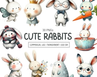 Clipart de conejito en acuarela: paquete de conejos PNG (descarga instantánea)