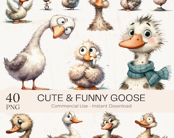 40 Funny Goose Clipart Bundle: Watercolor Quirky Animals PNG (Commercial Use)