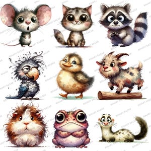May include: A digital illustration of nine cute cartoon animals. The animals include a mouse, cat, raccoon, duck, goat, guinea pig, frog, ferret, and a parrot. The animals are all drawn in a whimsical style with bright colors and expressive features.